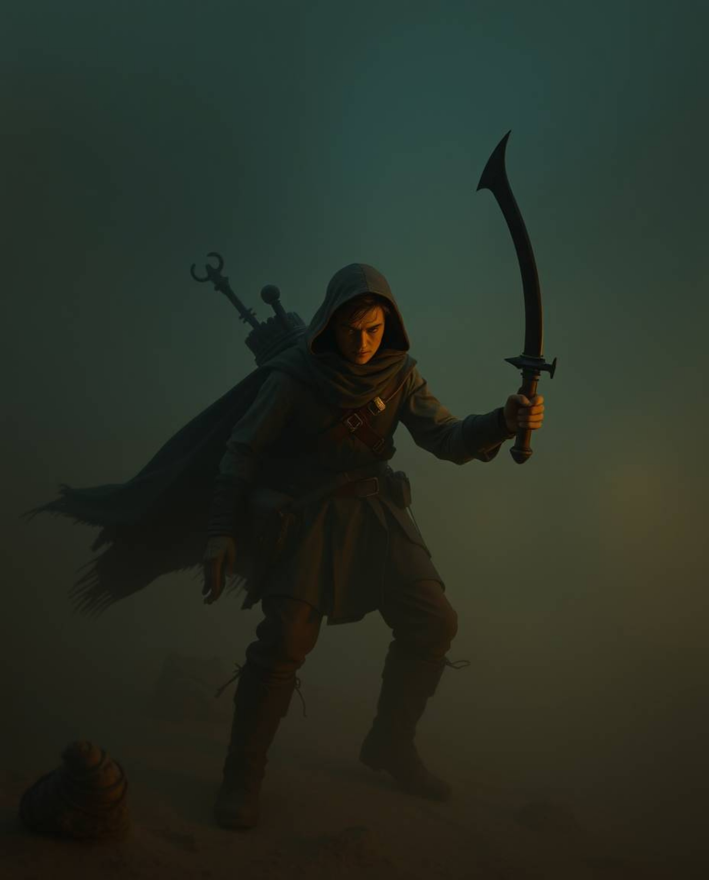 Embark on a Disney-style desert adventure with a brave hero battling through thick fog and an eerie, creepy atmosphere. Low v