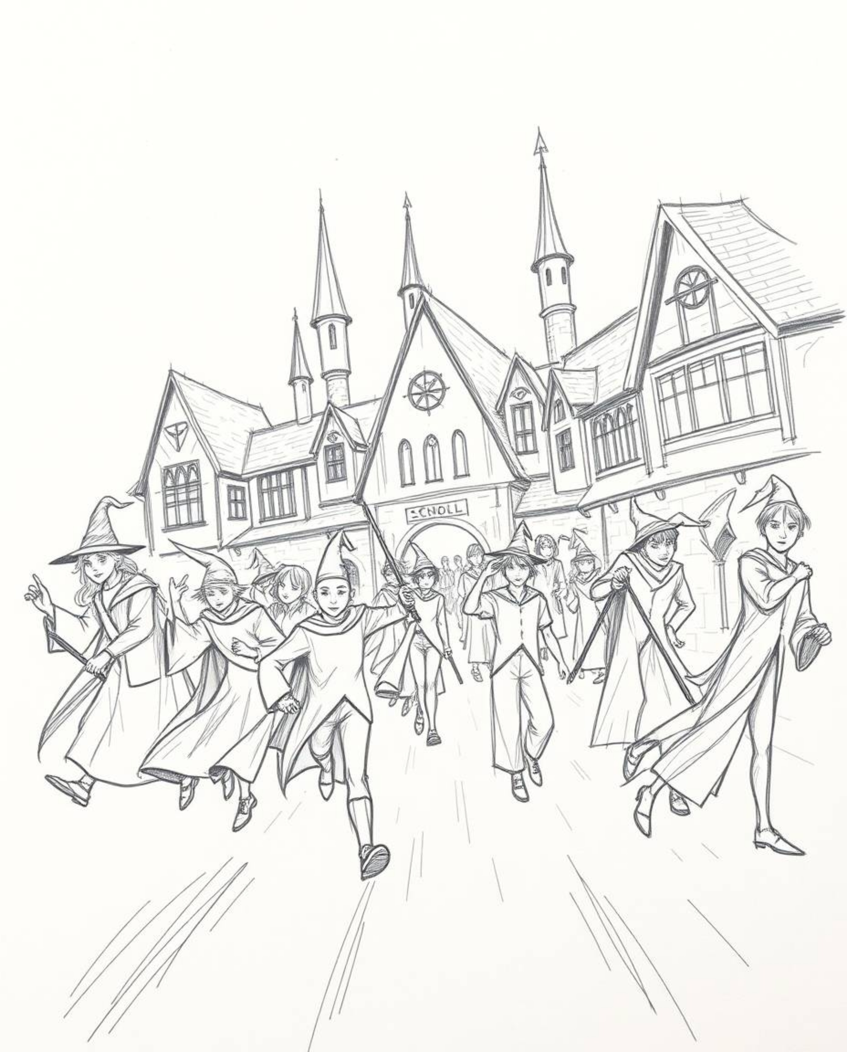 A captivating hand-drawn animation depicts a dynamic magical school bustling with young wizards.  The sketch features rough, 