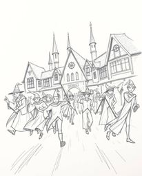 A captivating hand-drawn animation depicts a dynamic magical school bustling with young wizards.  The sketch features rough, 