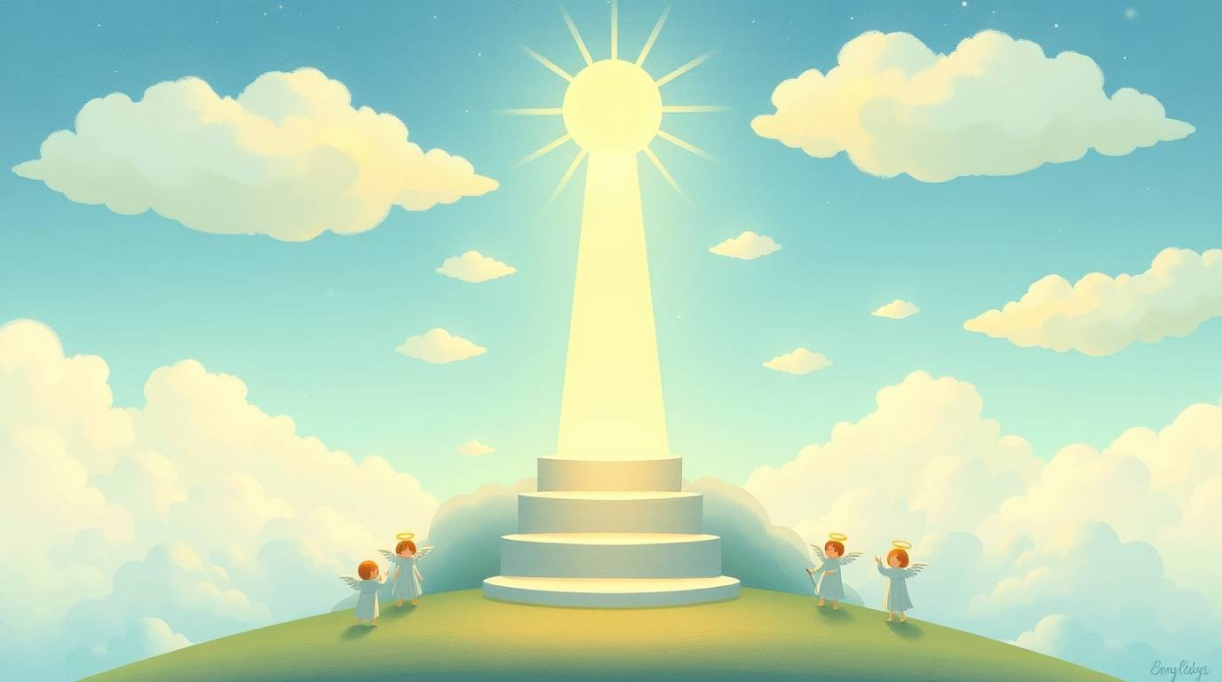 A dreamlike and peaceful illustration depicts steps of light ascending into a cloudy sky, where angelic figures watch from th