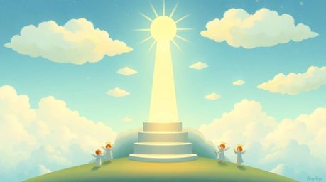 A dreamlike and peaceful illustration depicts steps of light ascending into a cloudy sky, where angelic figures watch from th