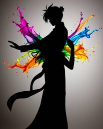 A silhouetted figure in an Isekai anime style is captured mid-air with a vibrant and colorful paint splash using high-speed p