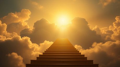 A professional photograph showcases a majestic golden staircase ascending through ethereal clouds towards a radiant heaven.  