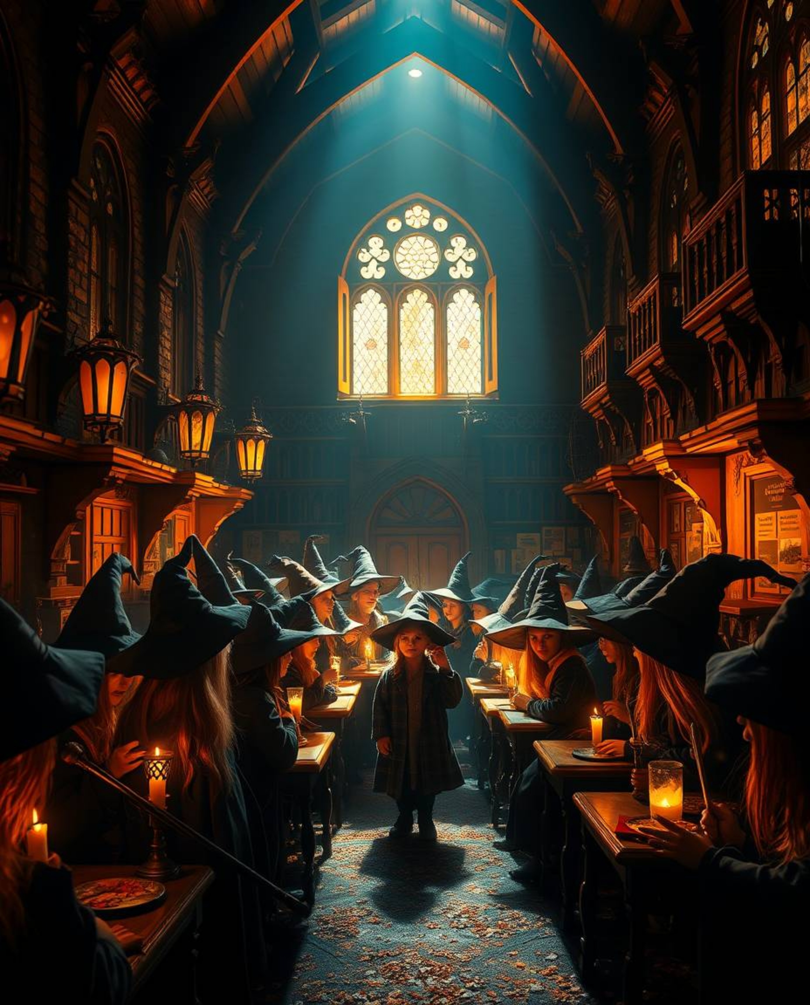 Discover a captivating magical school filled with young wizards, bathed in the warm glow of autumn.  Strong chiaroscuro techn