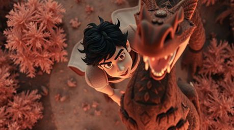 A captivating 1950s-style animation depicting a charming prince battling a dragon from a unique overhead, bird's-eye perspect