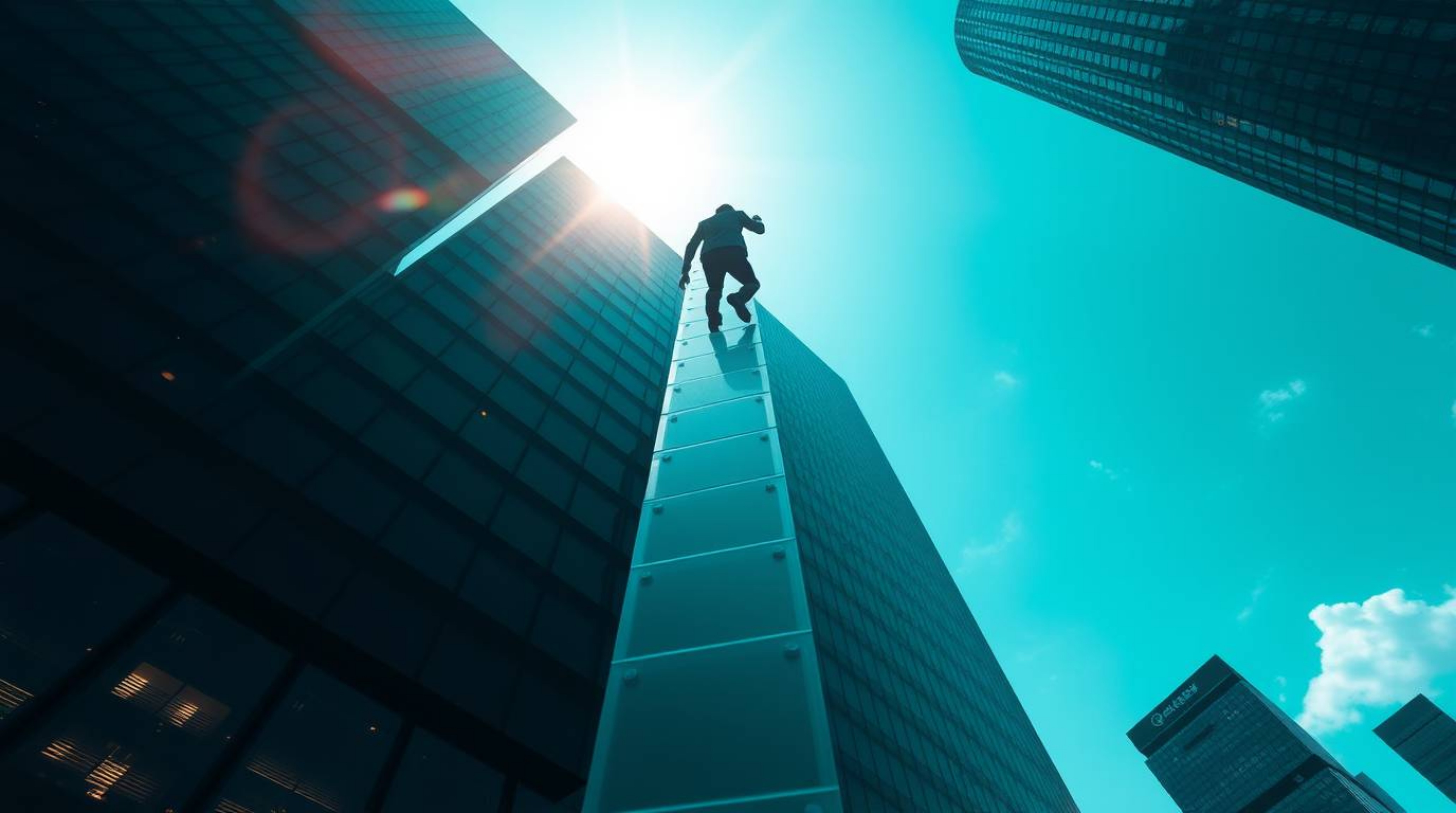 Explore the captivating image of a businessperson ascending a transparent ladder that seemingly vanishes into the vibrant blu