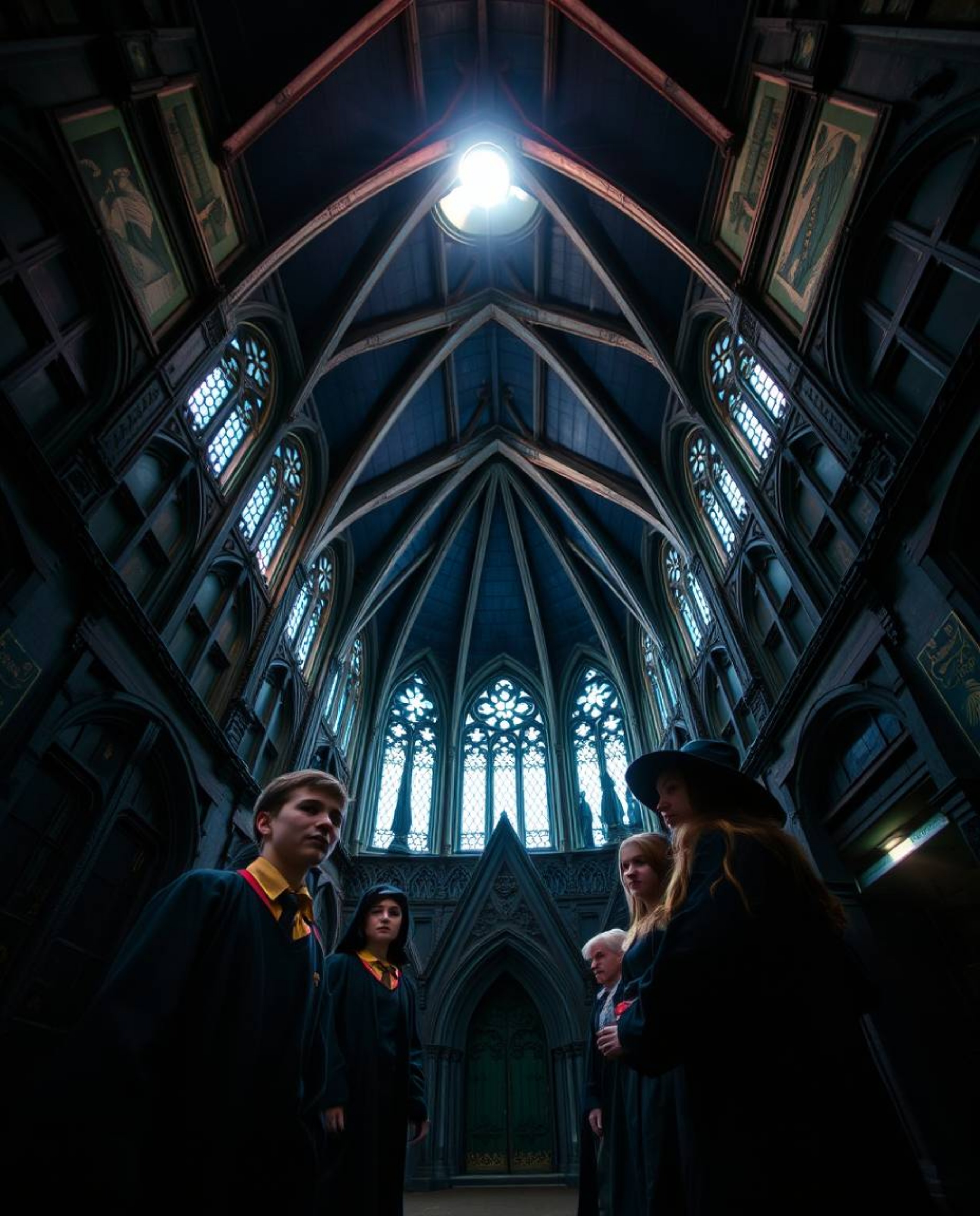 Explore a magical school brimming with young wizards, captured from a dramatic low-angle perspective. Experience the energy