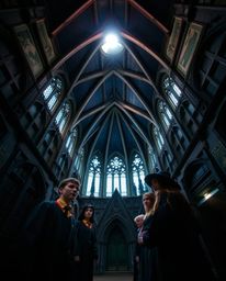Explore a magical school brimming with young wizards, captured from a dramatic low-angle perspective.  Experience the energy 