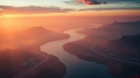 A breathtaking cinematic scene depicts a majestic river delta bathed in the soft hues of twilight.  A modern, futuristic land