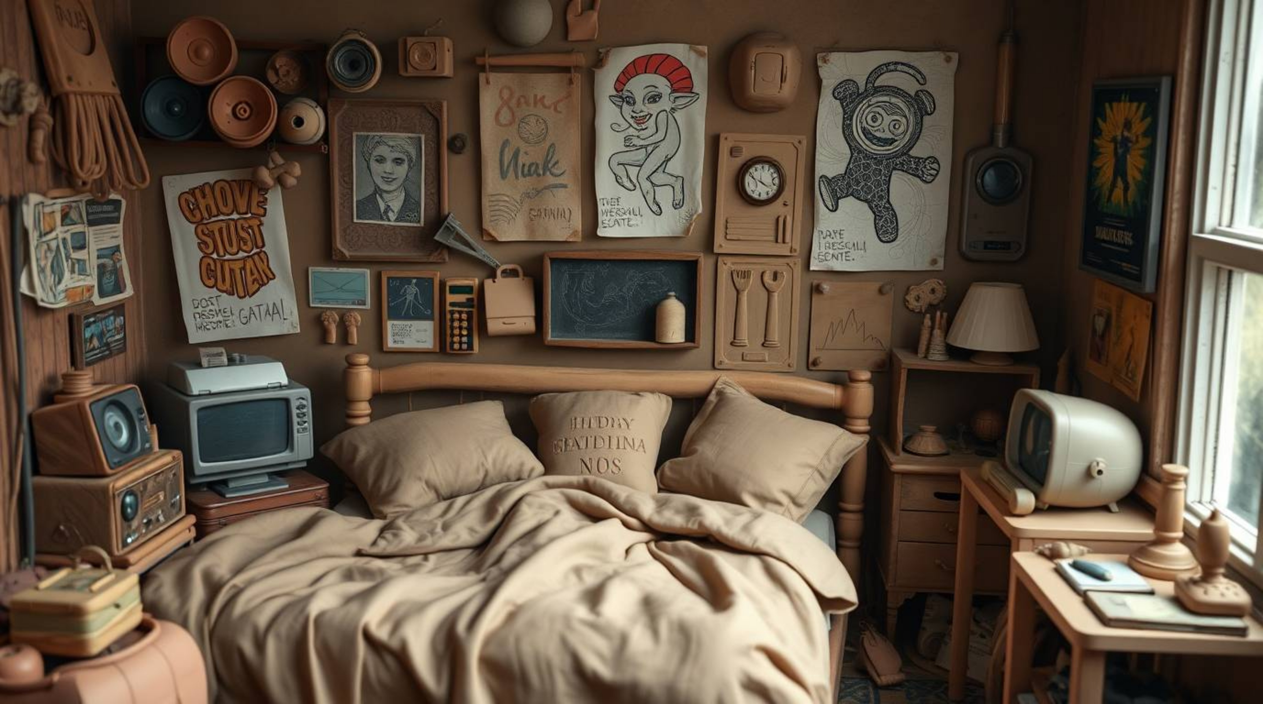 Discover a unique and artistic messy bedroom aesthetic featuring clay-sculpted posters and weird gadgets.  The room is decora