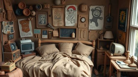 Discover a unique and artistic messy bedroom aesthetic featuring clay-sculpted posters and weird gadgets.  The room is decora
