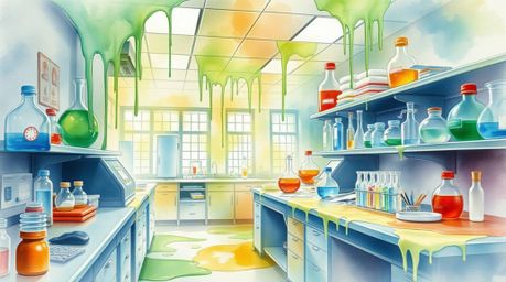 A captivating watercolor painting depicts a slime-covered science lab, showcasing translucent washes and fluid brushstrokes. 
