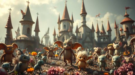 A captivating fine art photograph showcases a fantastical kingdom inhabited by whimsical magical creatures, rendered with a s
