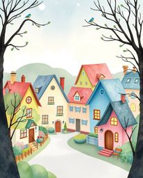Discover a charming watercolor illustration of a sleepy town, featuring pastel-colored houses with cute and appealing details