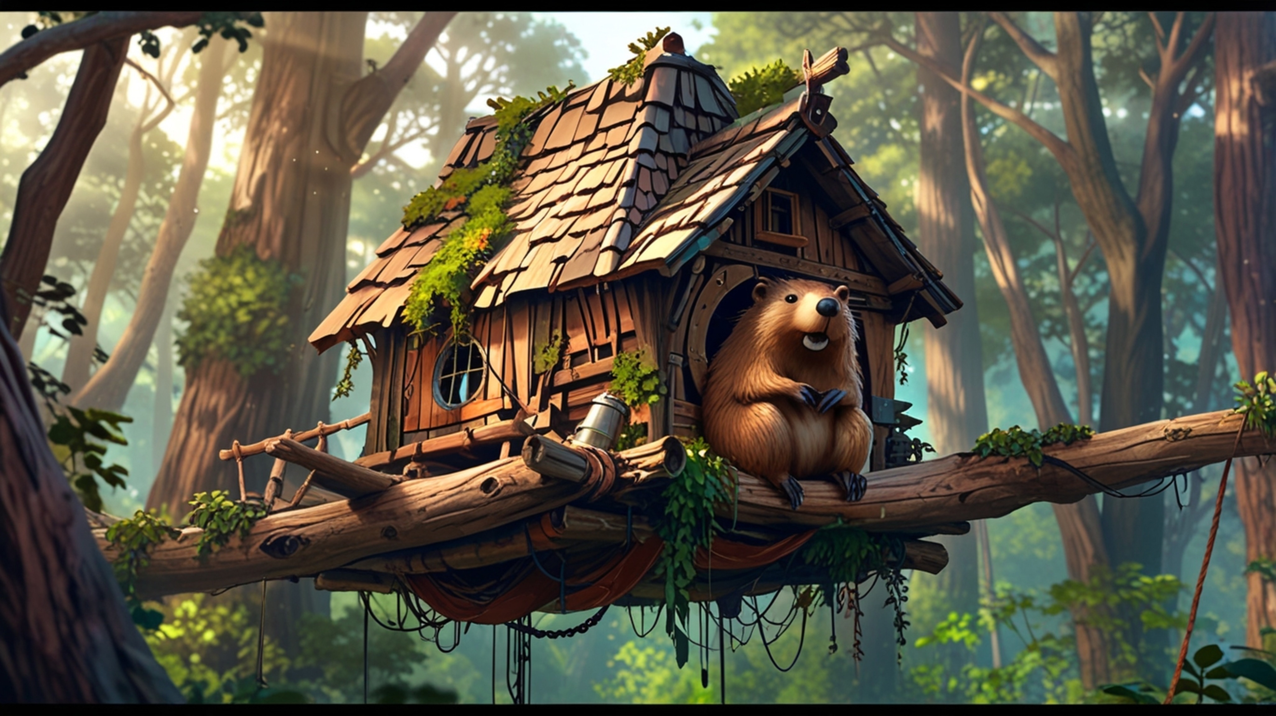 A heartwarming, high-resolution stock photo, blending Pixar and anime styles, shows a beaver standing proudly by the perfect 