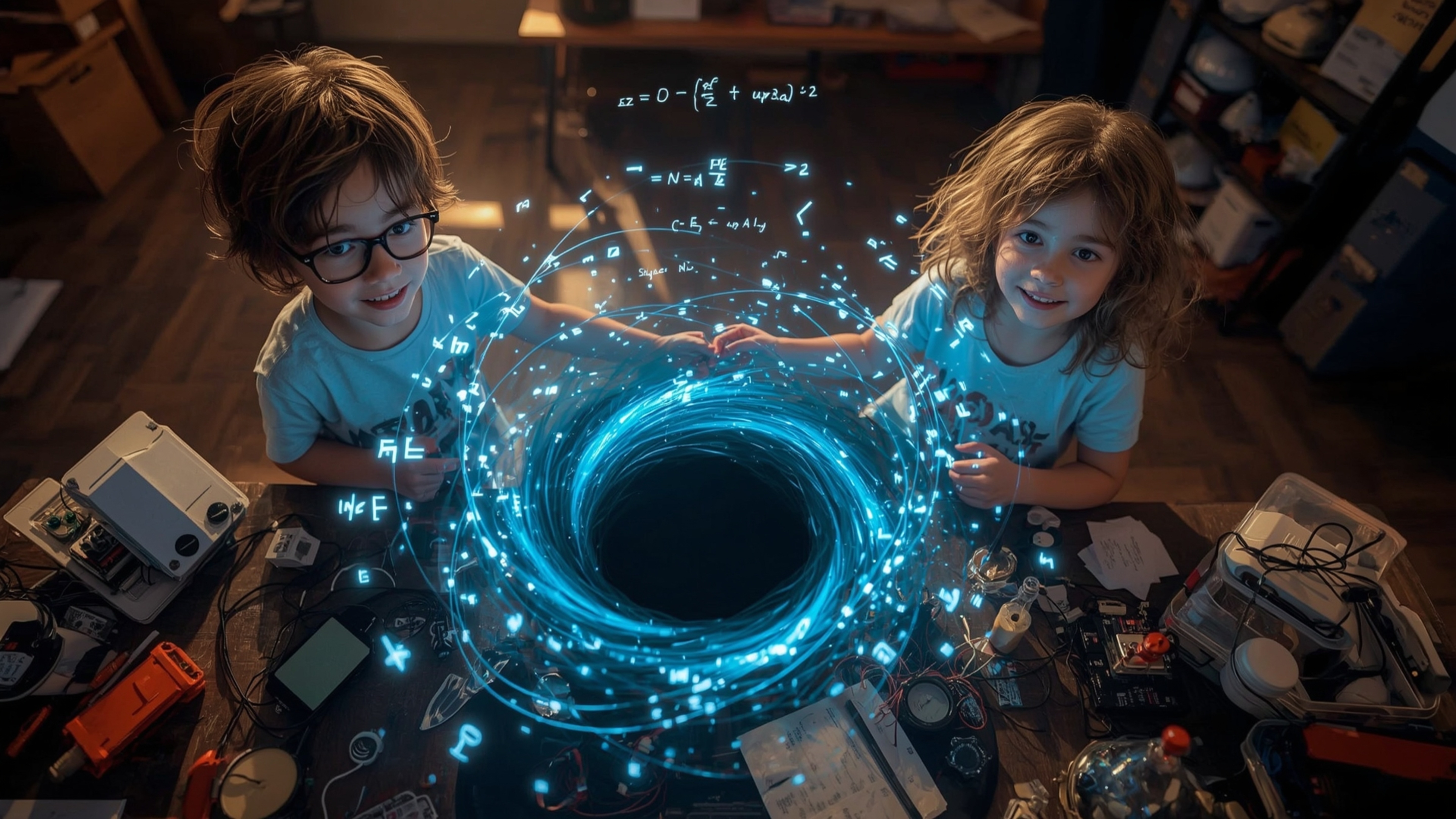 A cinematic, high-contrast photograph in a vibrant, Pixar-inspired style captures two enthusiastically disheveled science fai