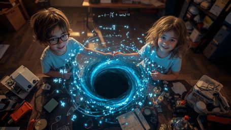 A cinematic, high-contrast photograph in a vibrant, Pixar-inspired style captures two enthusiastically disheveled science fai