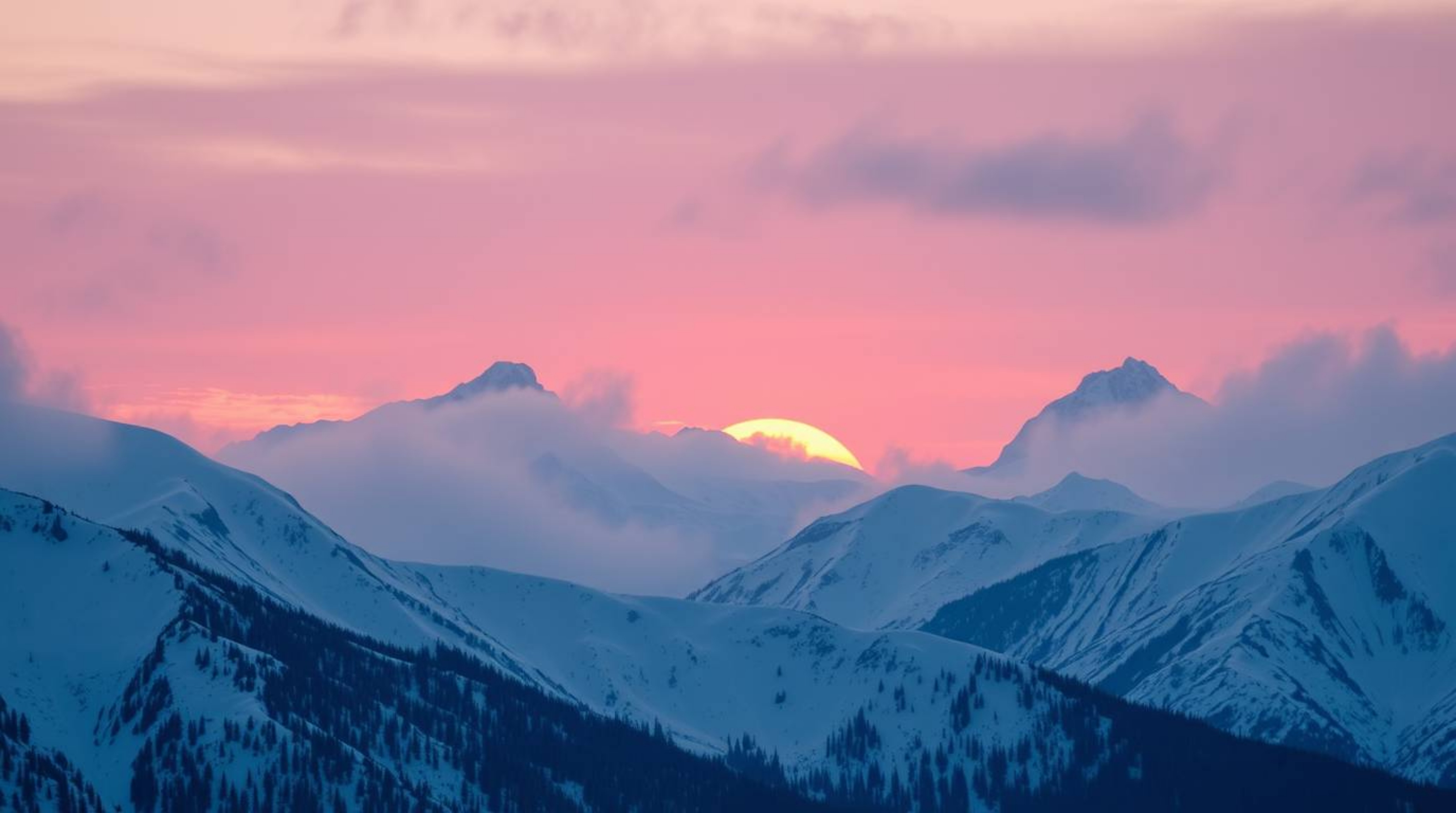 Experience the breathtaking beauty of snow-covered mountains bathed in the soft glow of a pastel sunset. This captivating ima