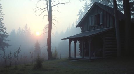 An ethereal spiritual image capturing an old wooden cabin nestled in the woods at sunset. Gentle and soothing, soft pastel co