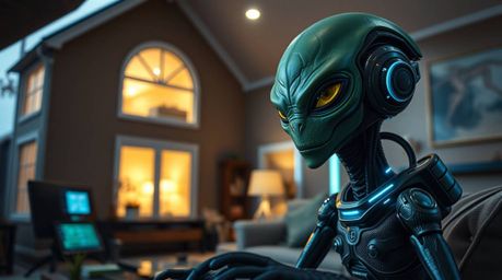 Experience a tight close-up view of a futuristic, sci-fi style alien residing within the unexpected setting of a suburban hou