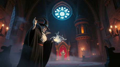 A breathtaking image depicts a classic Disney villain casting a powerful spell within the ancient walls of a majestic castle.