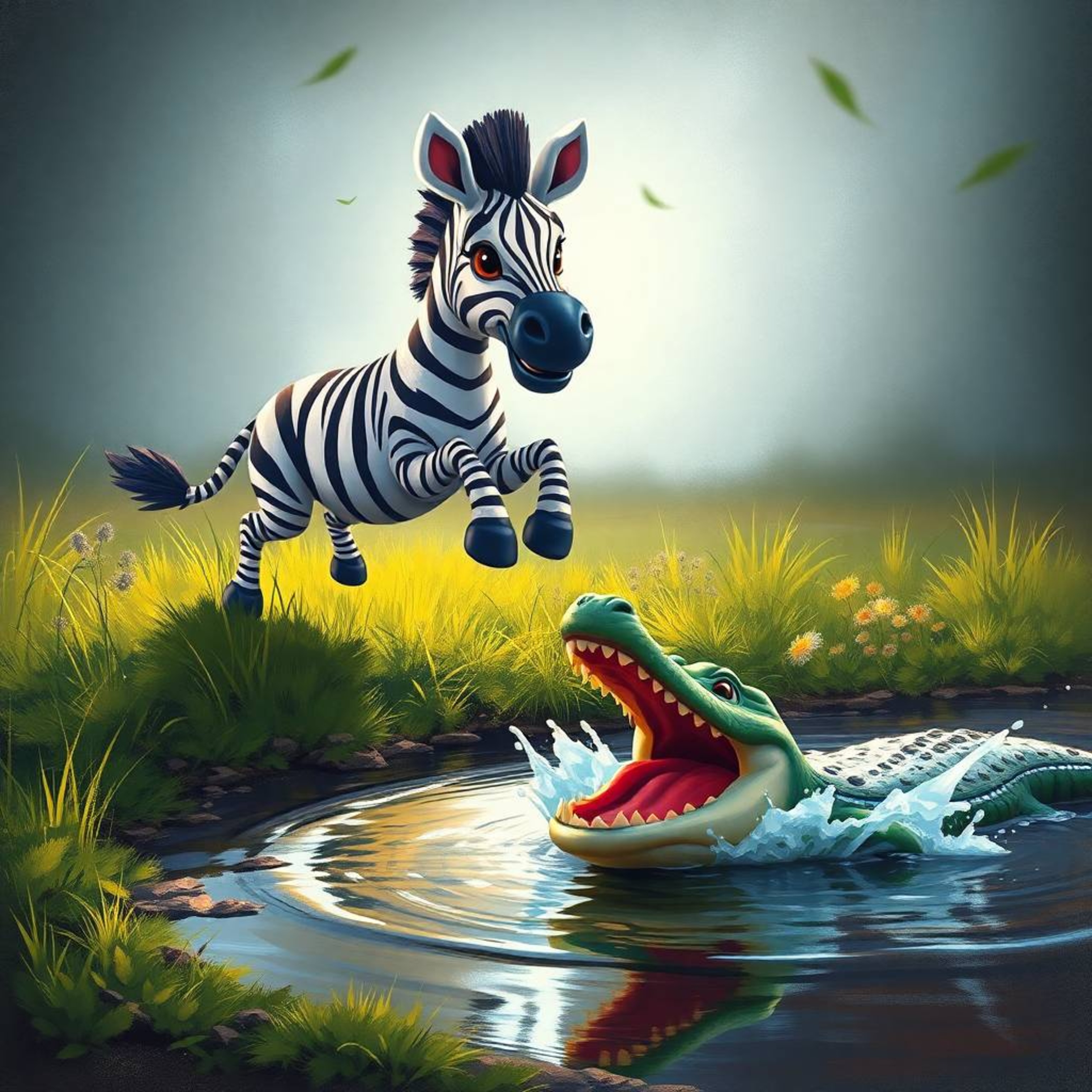 A classic oil painting depicts a thrilling escape scene featuring a 3D cartoon zebra and crocodile. The zebra, with its iconi