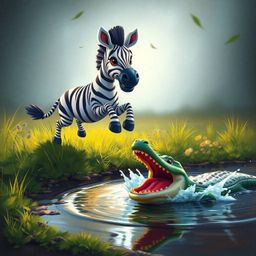 A classic oil painting depicts a thrilling escape scene featuring a 3D cartoon zebra and crocodile. The zebra, with its iconi