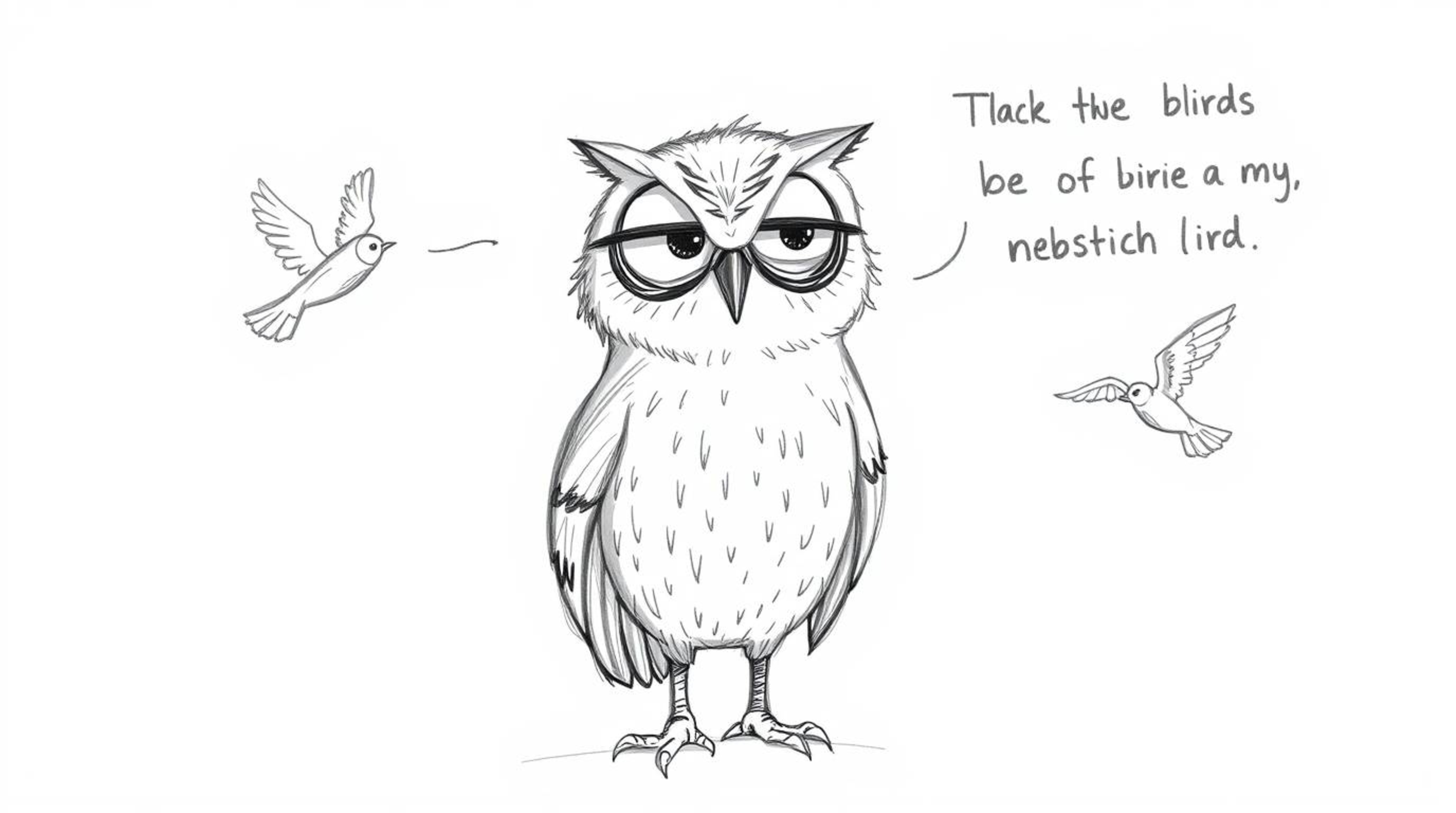 A heartwarming hand-drawn sketch in the style of Pixar depicts a blind owl with textured pencil strokes and rough lines, tend