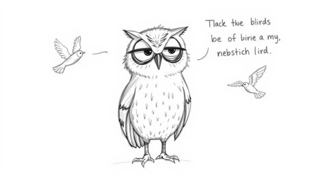 A heartwarming hand-drawn sketch in the style of Pixar depicts a blind owl with textured pencil strokes and rough lines, tend
