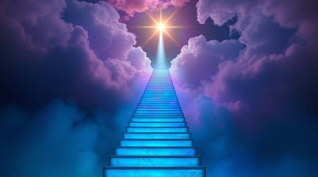 A surreal stairway, bathed in vibrant, bioluminescent colors, ascends through smoky clouds towards a bright celestial light. 