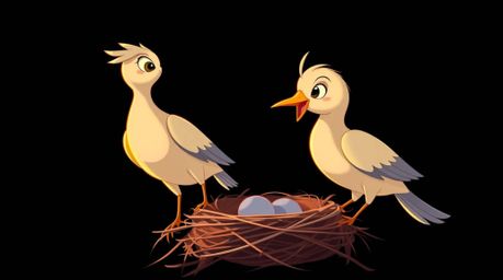 Delightful imagery of two cartoon birds, rendered in a classic animation style, meticulously crafting a nest. The scene is b