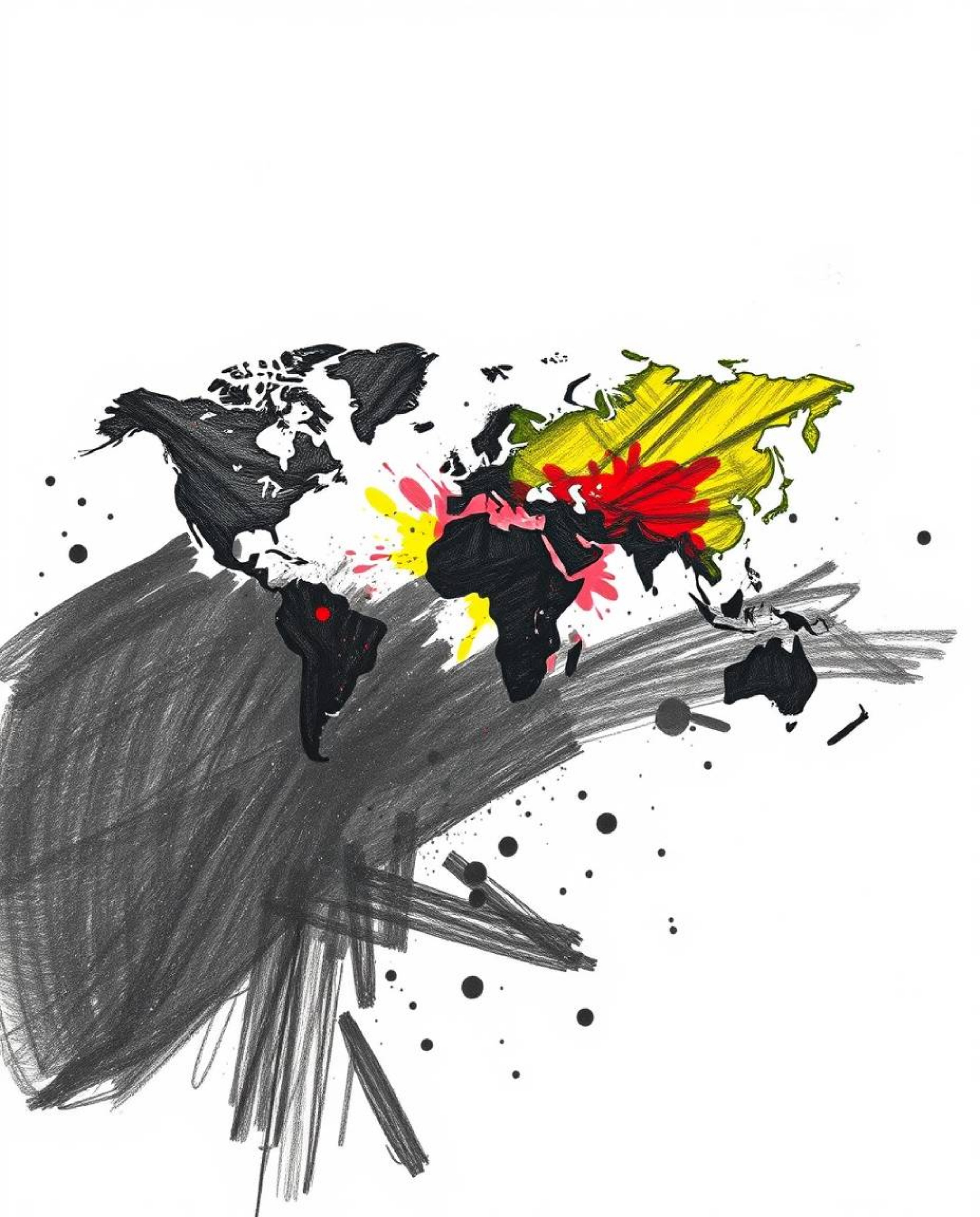 An intense jet black hand-drawn sketch on a white background creates a striking visual, depicting bright colorful splashes fo