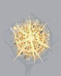 An elegant abstract city map showcases a top-down perspective, featuring refined geometric shapes and artistic lighting.  The