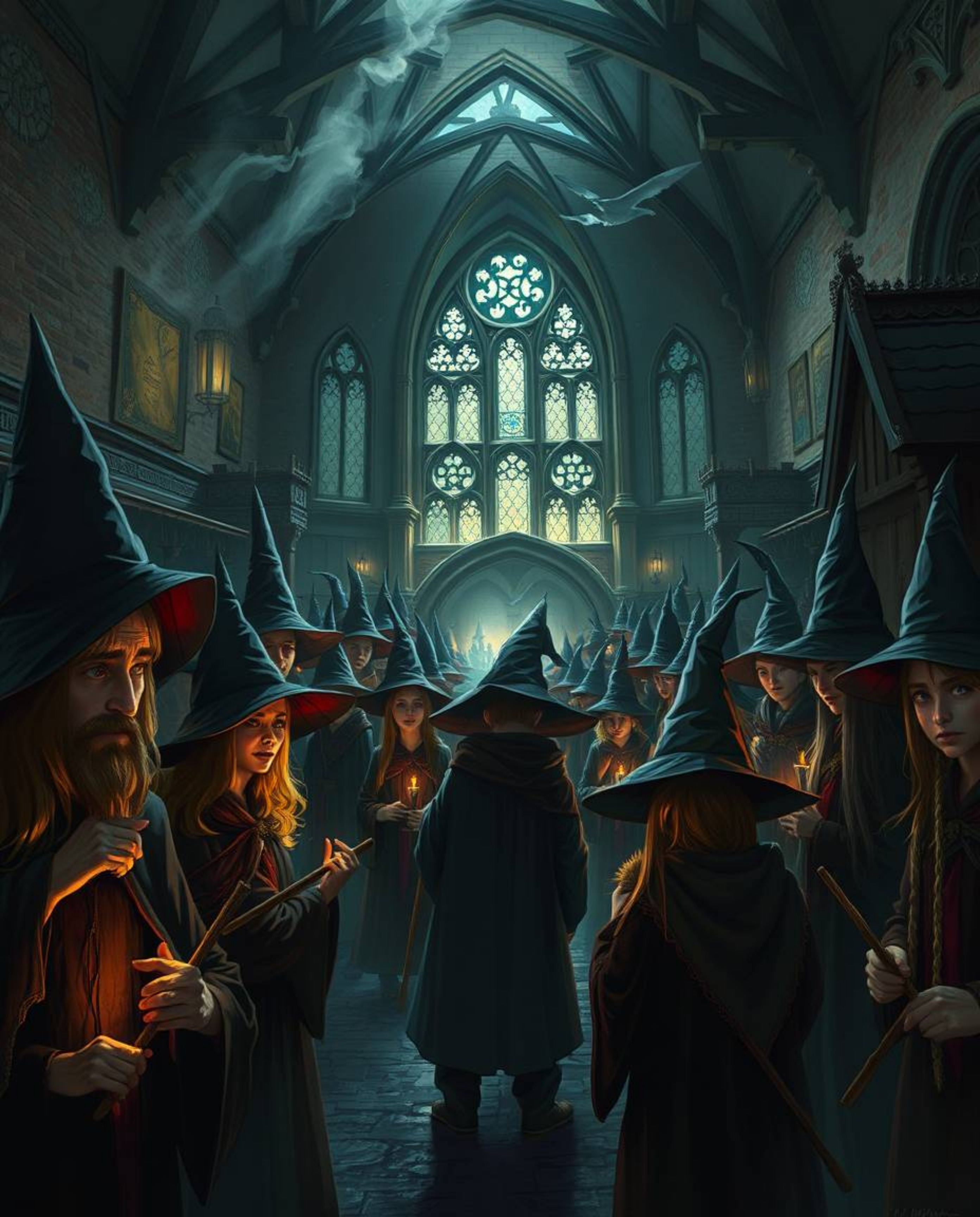 Discover a captivating illustration of a magical school brimming with young wizards.  Rendered in a strong, moody style, the 