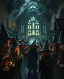 Discover a captivating illustration of a magical school brimming with young wizards. Rendered in a strong, moody style, the