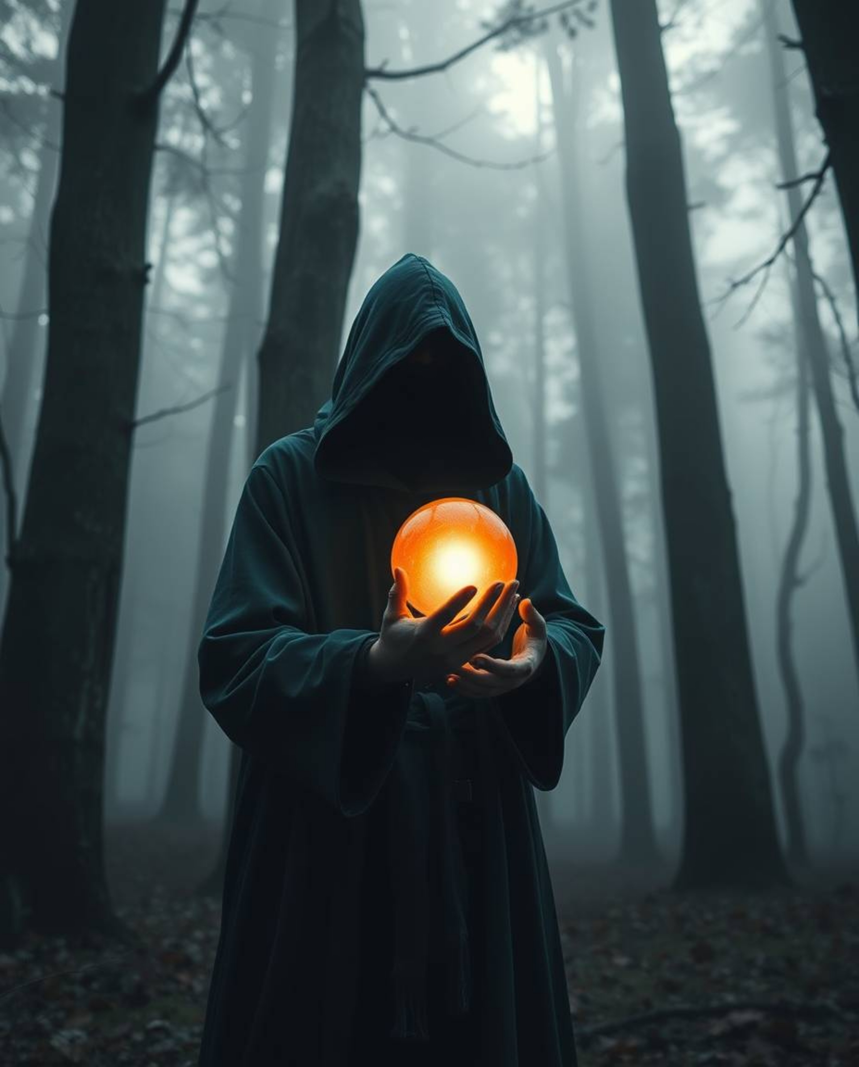 A captivating image showcases precise architectural color photography of a cloaked figure within a misty forest, holding a gl