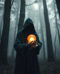 A captivating image showcases precise architectural color photography of a cloaked figure within a misty forest, holding a gl