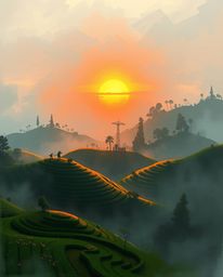 A massive, heroic scene depicting a sunset over terraced tea plantations in a futuristic, misty atmosphere. This loose, paint