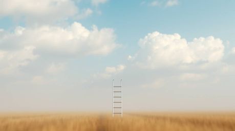 A minimalist digital painting showcases a silver ladder standing starkly in an open field beneath a vast, cloudy sky. Soft ci