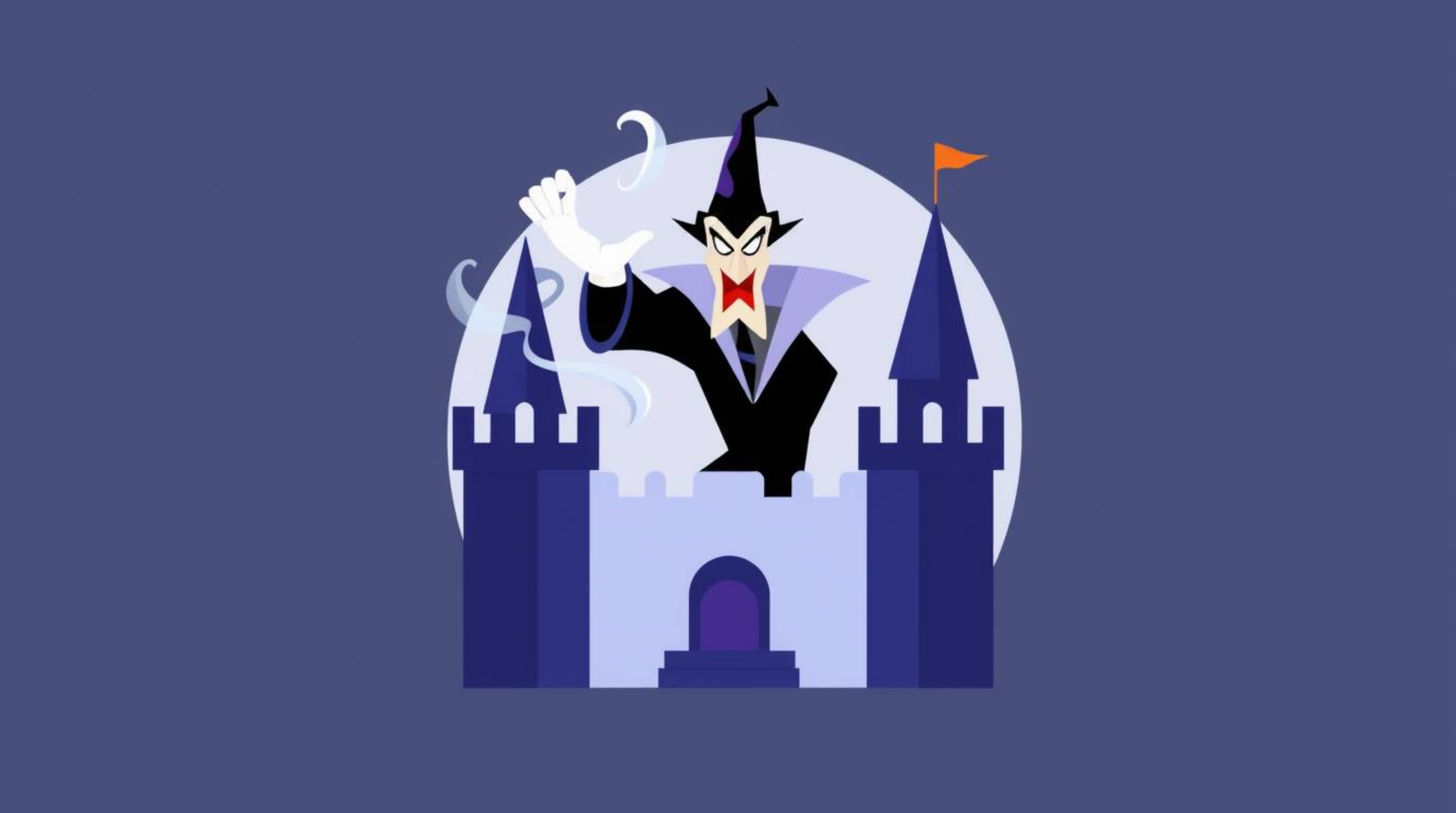 A classic Disney villain, depicted in a modern, minimalist style, casts a spell within a simple geometric castle.  This two-d