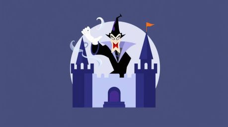A classic Disney villain, depicted in a modern, minimalist style, casts a spell within a simple geometric castle.  This two-d