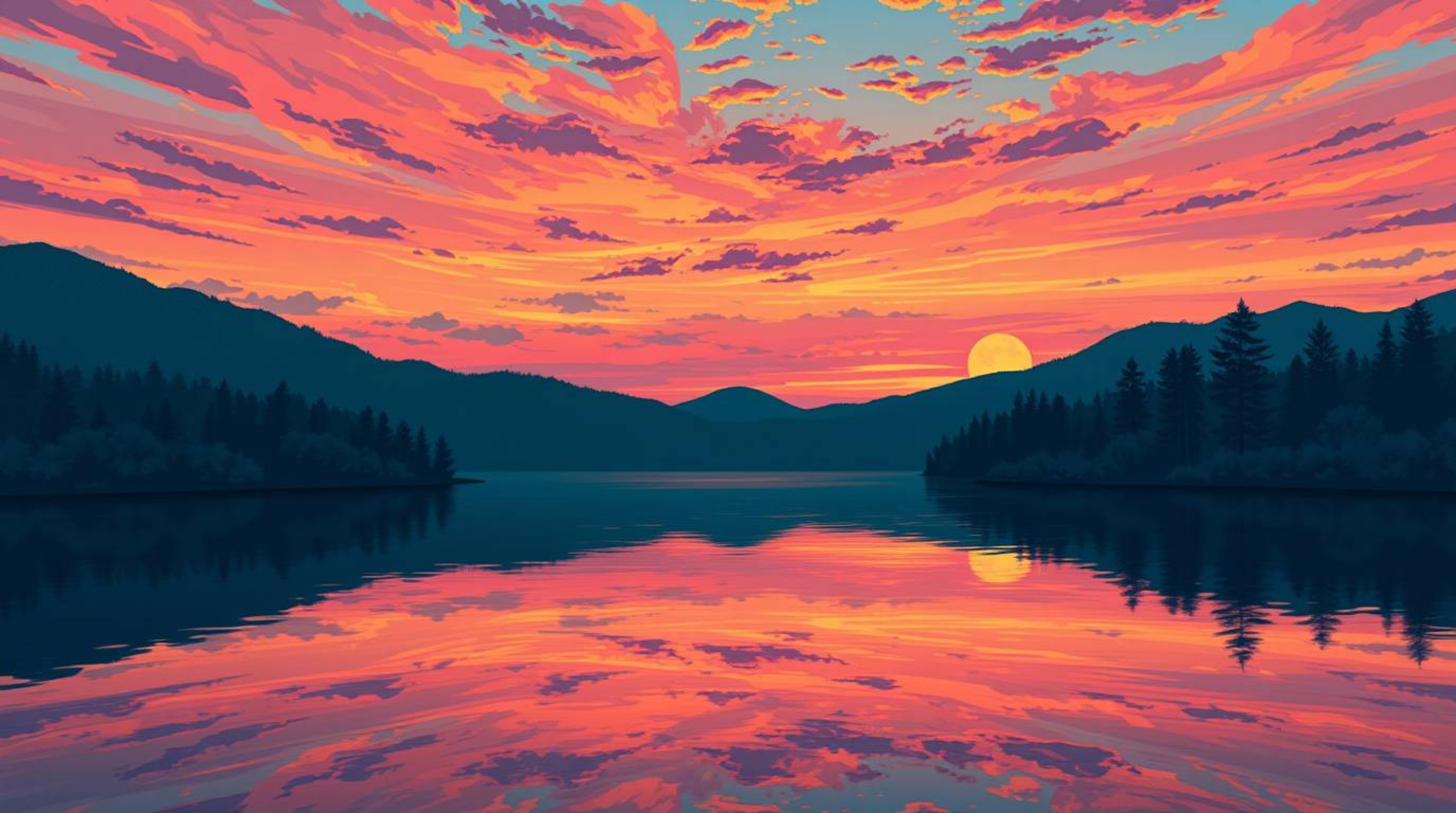 A charming and cute illustration depicts a serene lake mirroring a breathtaking sunset.  Rendered in rich deep teal hues, the