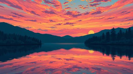 A charming and cute illustration depicts a serene lake mirroring a breathtaking sunset.  Rendered in rich deep teal hues, the