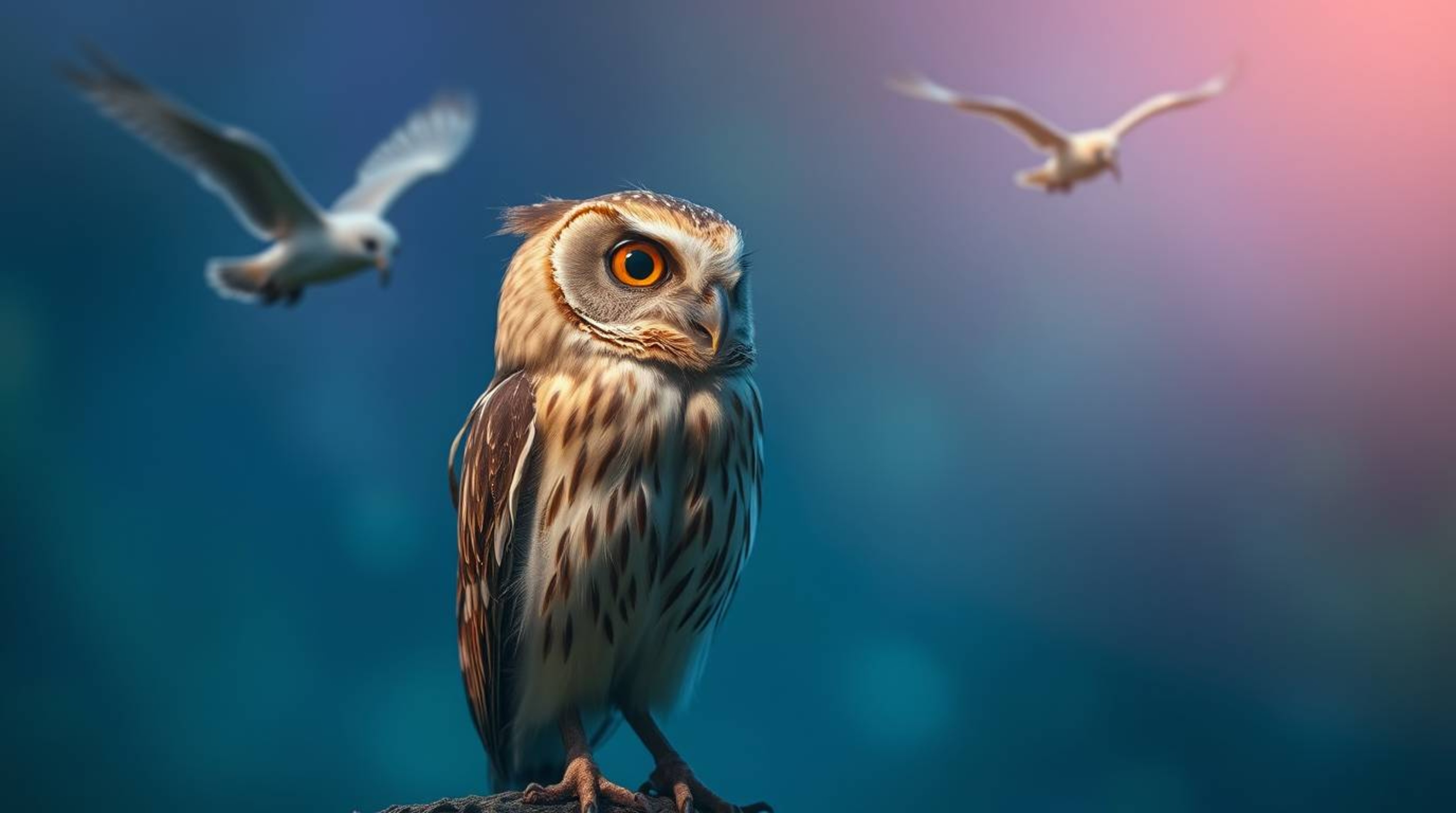 A long exposure photo in a cinematic style captures a Pixar-esque blind owl with light brown feathers as it watches birds fly