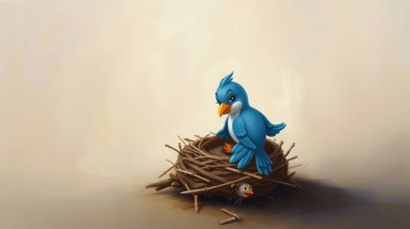 A captivating oil painting depicts two charming cartoon birds diligently constructing their nest. Rendered in a classic anim