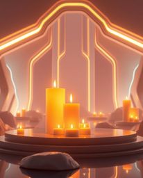 Experience a modern, grand scene illuminated by warm candle lights and epic lens glow, featuring intricate 3D shapes covered 