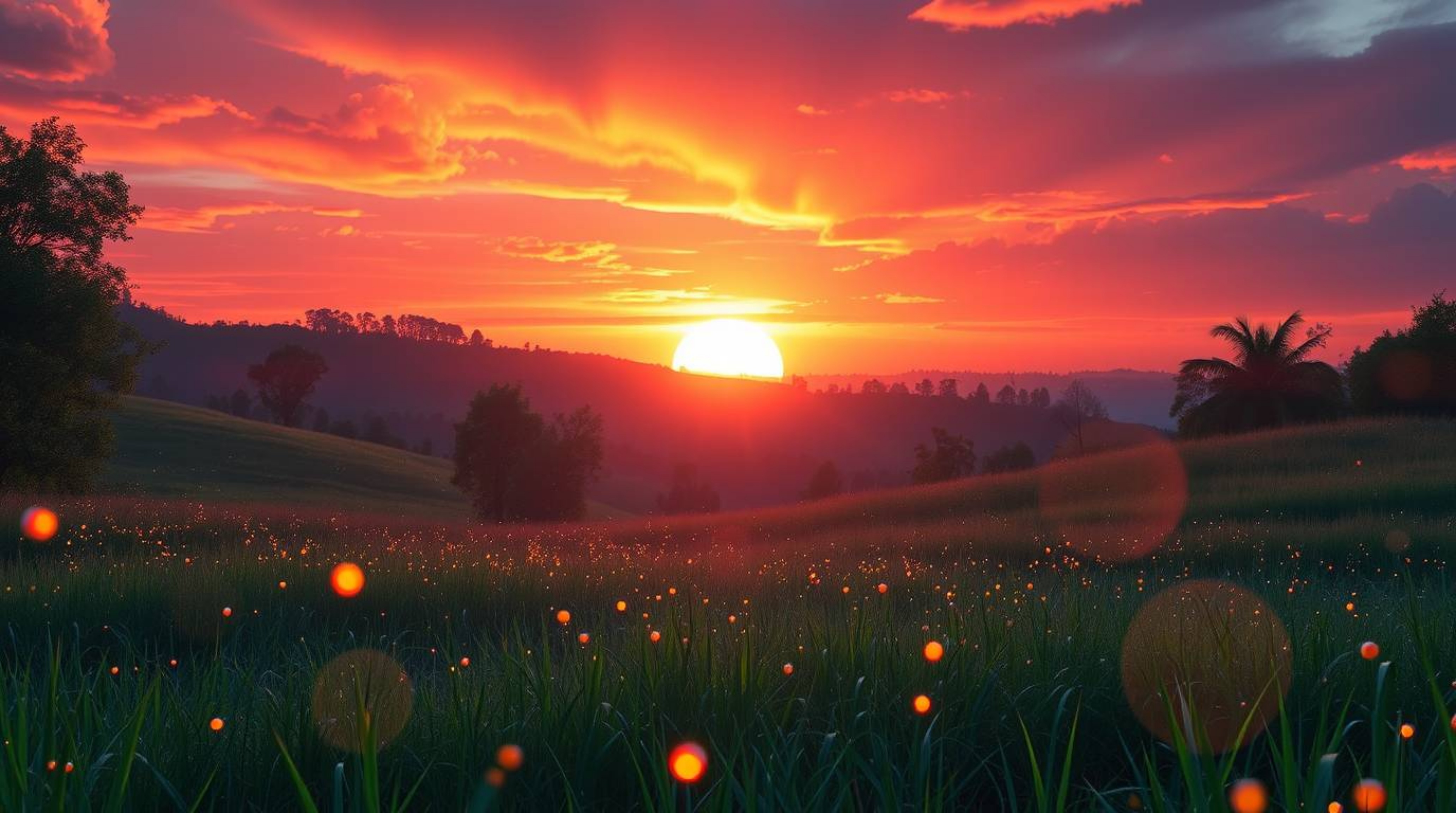 A breathtaking sunset illuminates a quiet meadow, where fireflies begin to twinkle.  This epic scene boasts iridescent colors