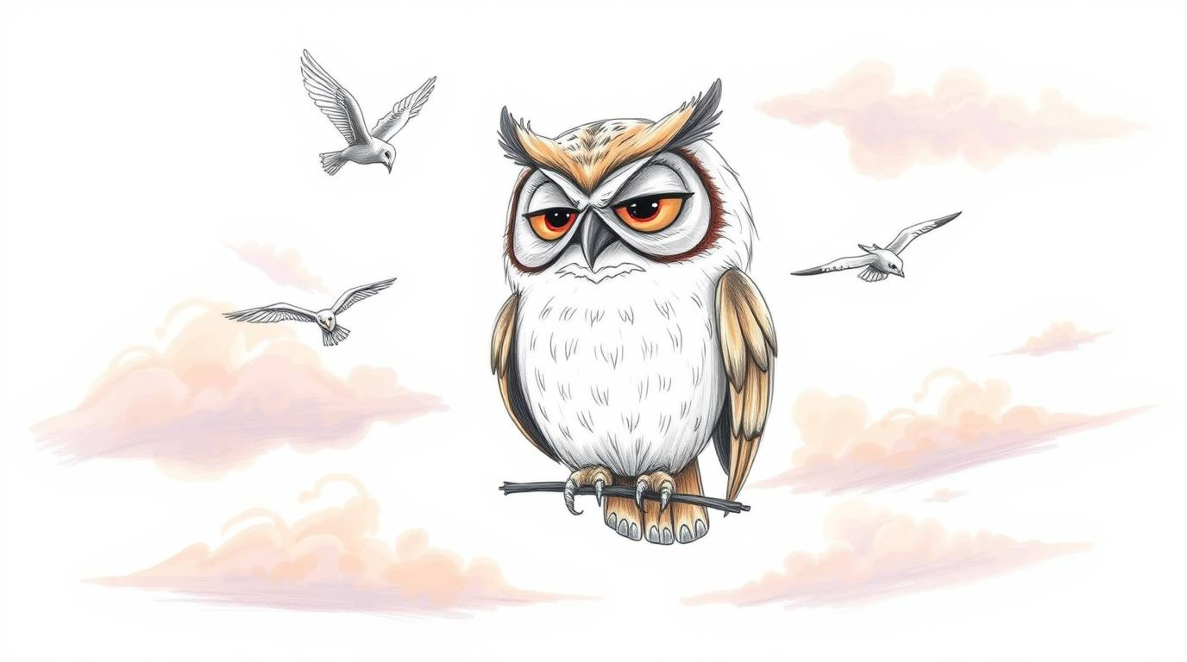 A heartwarming Pixar-style hand-drawn sketch depicts a wise, blind owl with wrinkled facial features patiently teaching birds