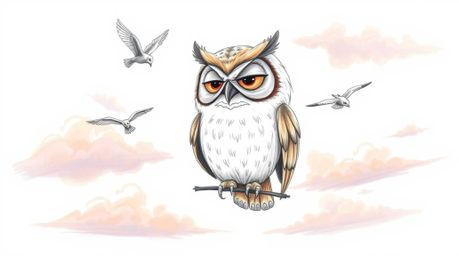 A heartwarming Pixar-style hand-drawn sketch depicts a wise, blind owl with wrinkled facial features patiently teaching birds