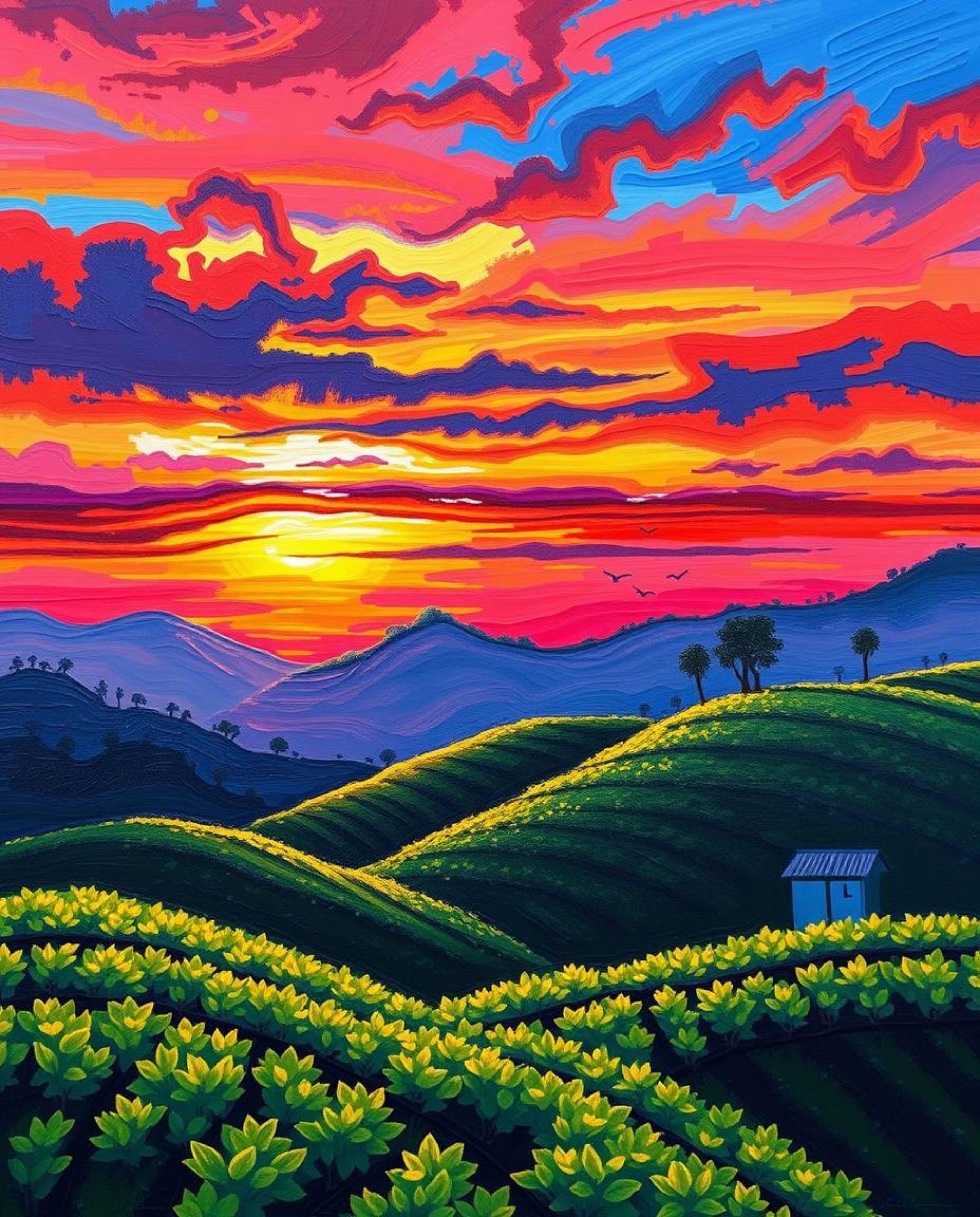 A bold acrylic painting of a sunset over terraced tea plantations. The use of vibrant colors and textured brushstrokes create